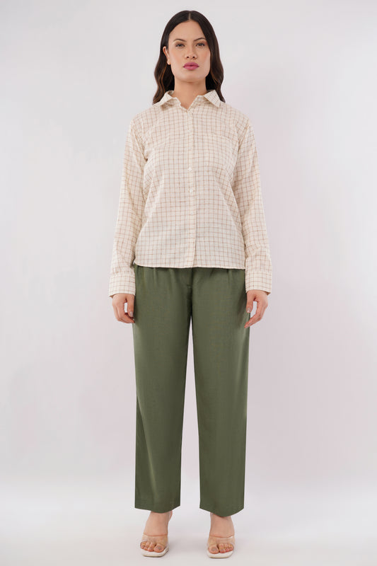 Women's Beige Checkered Cotton Blend Shirt