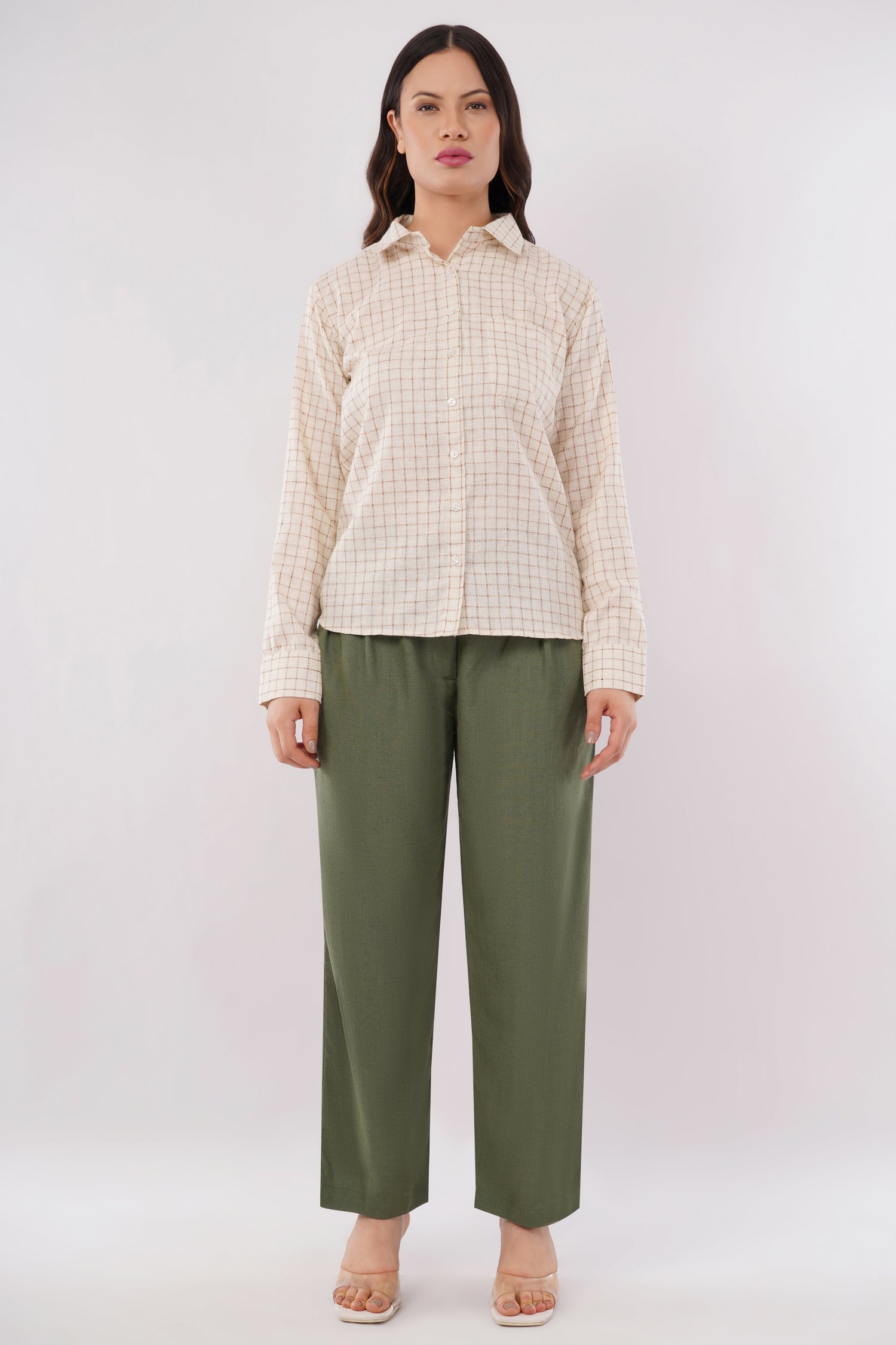 Women’s Beige Checkered Cotton-Blend Shirt