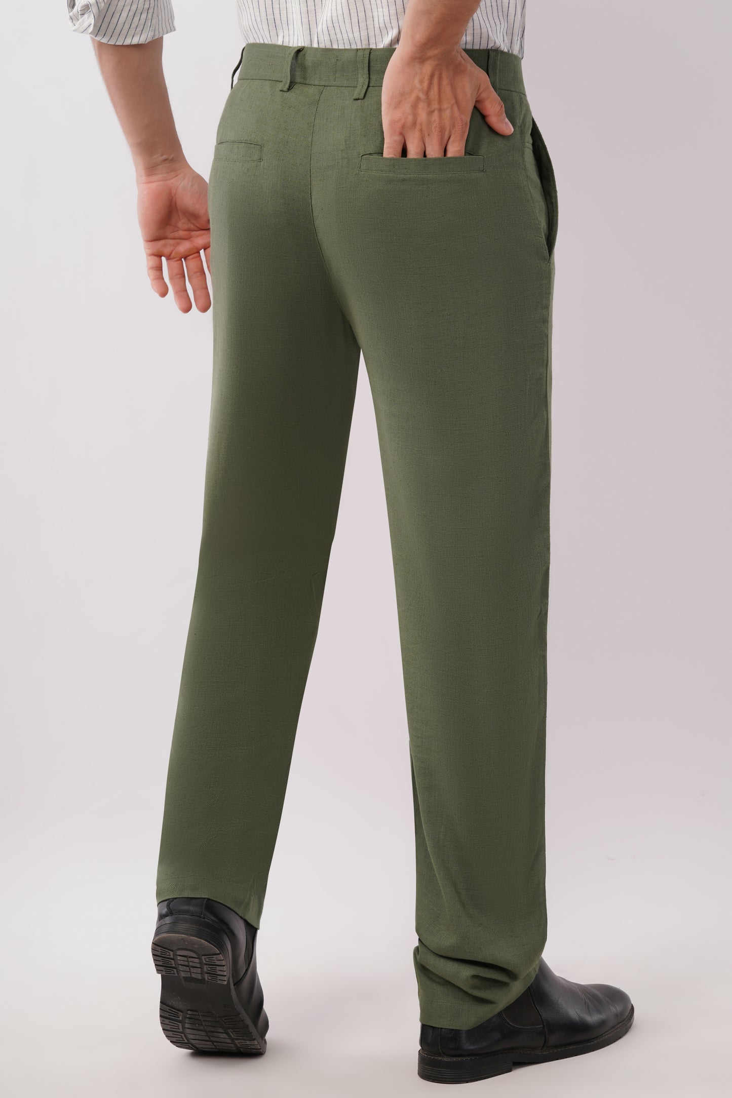 Men's olive green linen blend trousers - natural fabric breathable summer workwear for men - size inclusive S to 5XL - office wear smart casual India - Tofflane clothes worth keeping durable 
front view - lightweight natural fabric trousers for Indian heat - size inclusive men's workwear - premium basics India - Tofflane cotton linen
Men's olive green linen trousers full styled look - smart casual office wear India - breathable natural fabric men's pants -size inclusive S to 5XL - Tofflane India