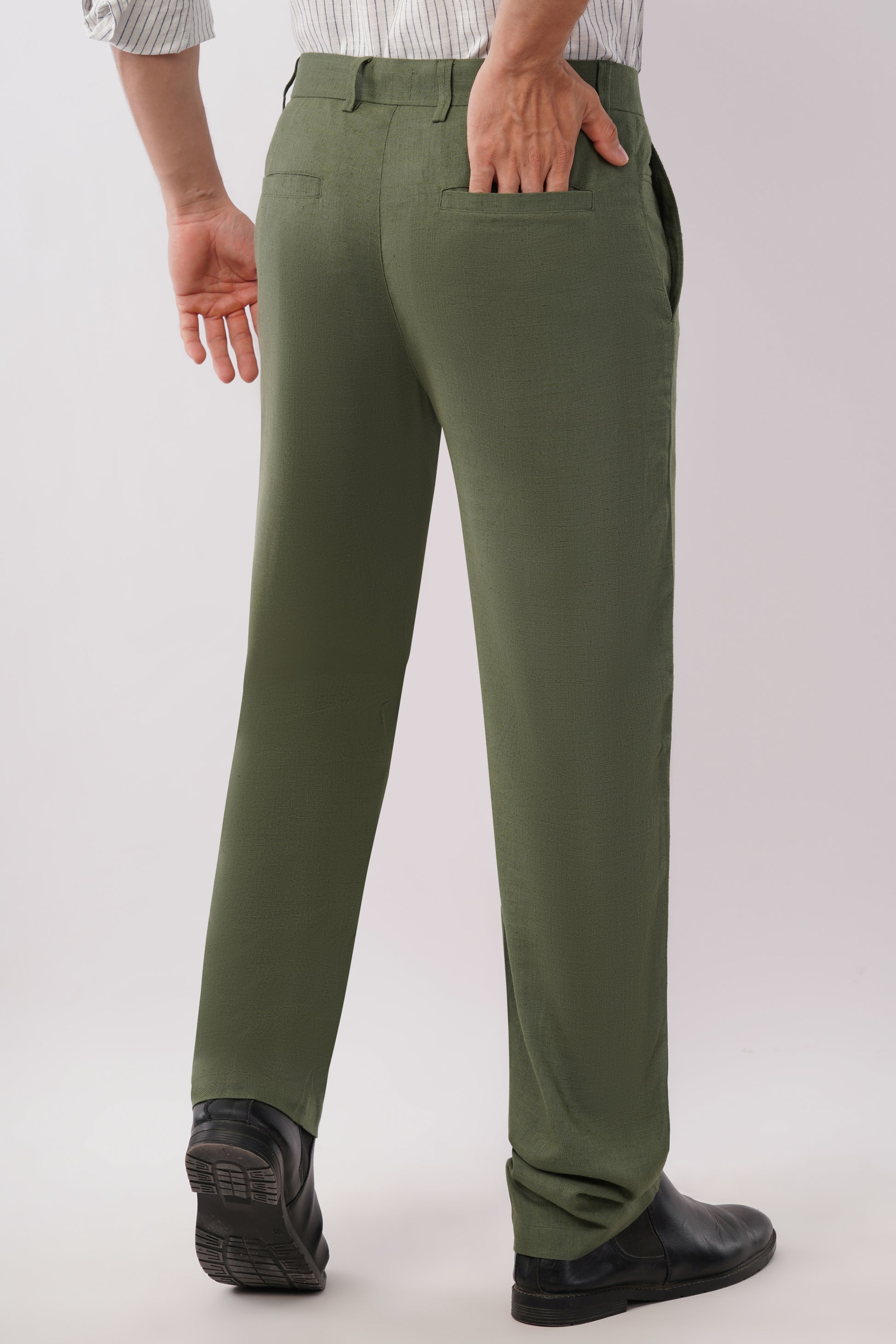 Men's olive green linen blend trousers - natural fabric breathable summer workwear for men - size inclusive S to 5XL - office wear smart casual India - Tofflane clothes worth keeping durable 
front view - lightweight natural fabric trousers for Indian heat - size inclusive men's workwear - premium basics India - Tofflane cotton linen
Men's olive green linen trousers full styled look - smart casual office wear India - breathable natural fabric men's pants -size inclusive S to 5XL - Tofflane India