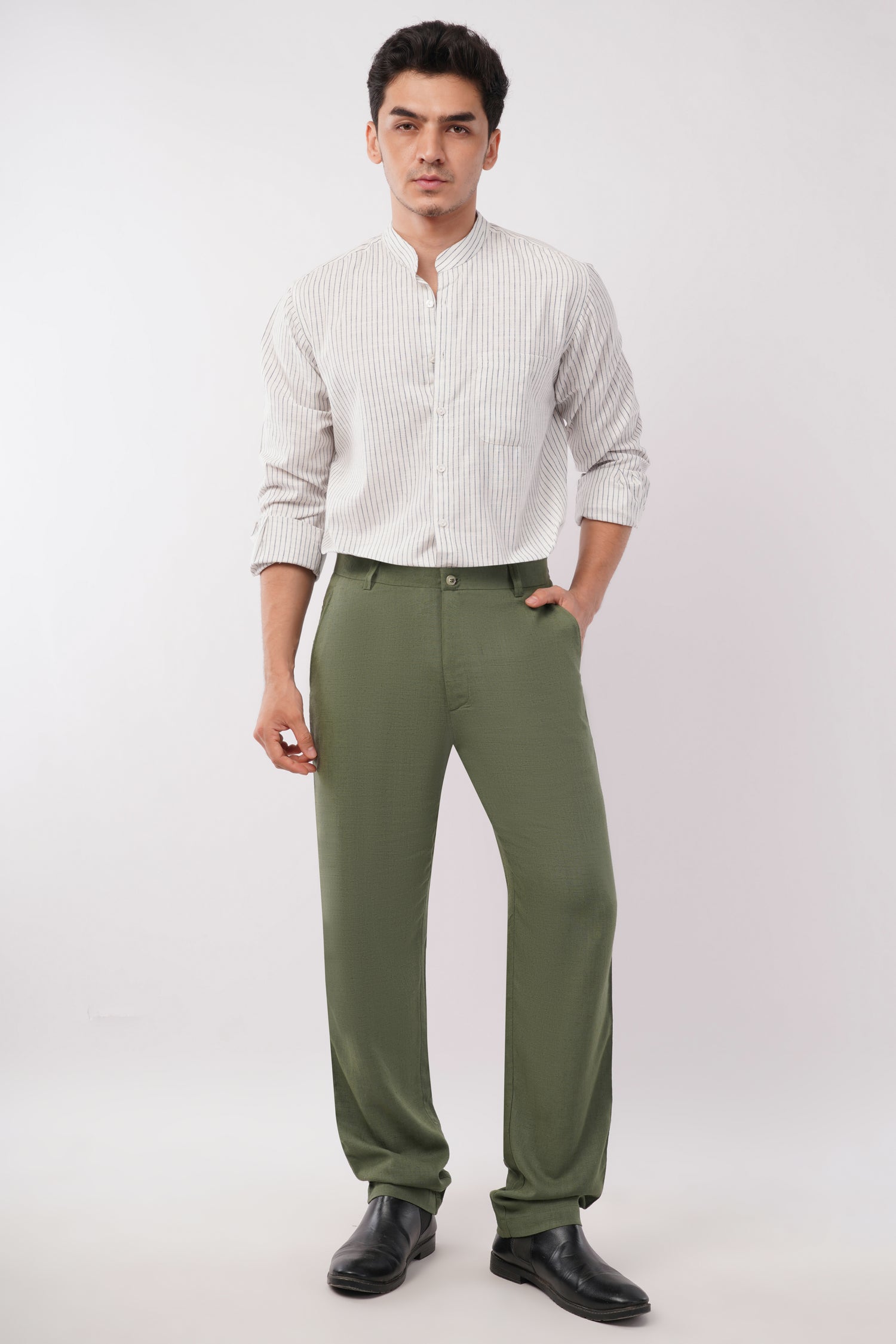 Men's olive green linen blend trousers - natural fabric breathable summer workwear for men - size inclusive S to 5XL - office wear smart casual India - Tofflane clothes worth keeping durable 
front view - lightweight natural fabric trousers for Indian heat - size inclusive men's workwear - premium basics India - Tofflane cotton linen
Men's olive green linen trousers full styled look - smart casual office wear India - breathable natural fabric men's pants -size inclusive S to 5XL - Tofflane India