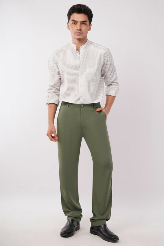 Men's olive green linen blend trousers - natural fabric breathable summer workwear for men - size inclusive S to 5XL - office wear smart casual India - Tofflane clothes worth keeping durable 
front view - lightweight natural fabric trousers for Indian heat - size inclusive men's workwear - premium basics India - Tofflane cotton linen
Men's olive green linen trousers full styled look - smart casual office wear India - breathable natural fabric men's pants -size inclusive S to 5XL - Tofflane India