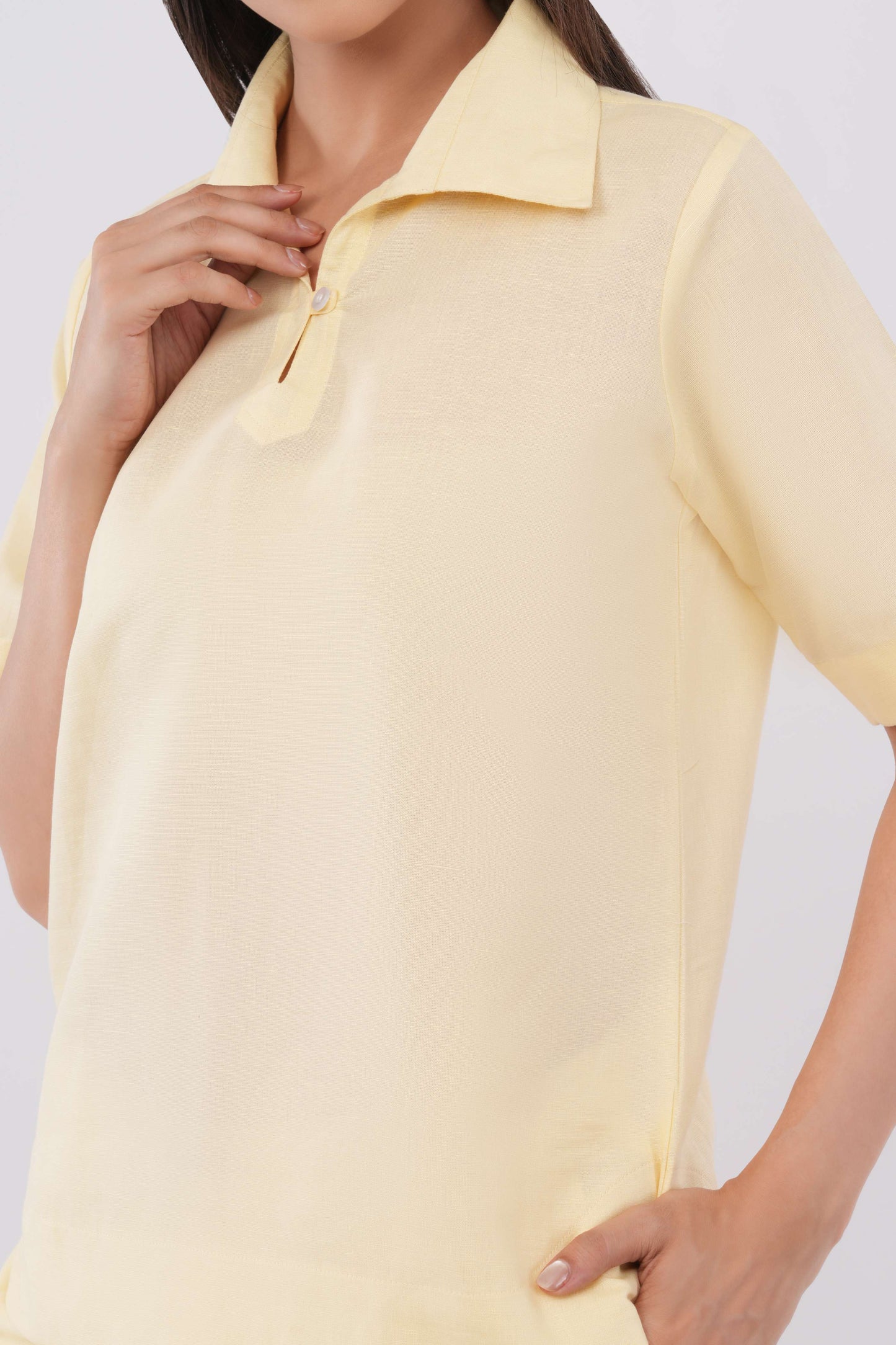 Women's Light Yellow Cotton Linen Co-ord Set