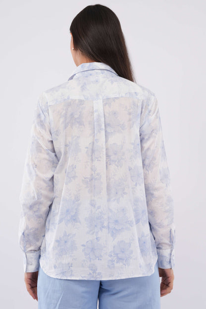 women wearing 100% cotton fine cotton blue foral print shirt with box at the back for superb comfort awesome for office and dinner and suitable for summer winter and all season available from S to 5XL under ₹1000
