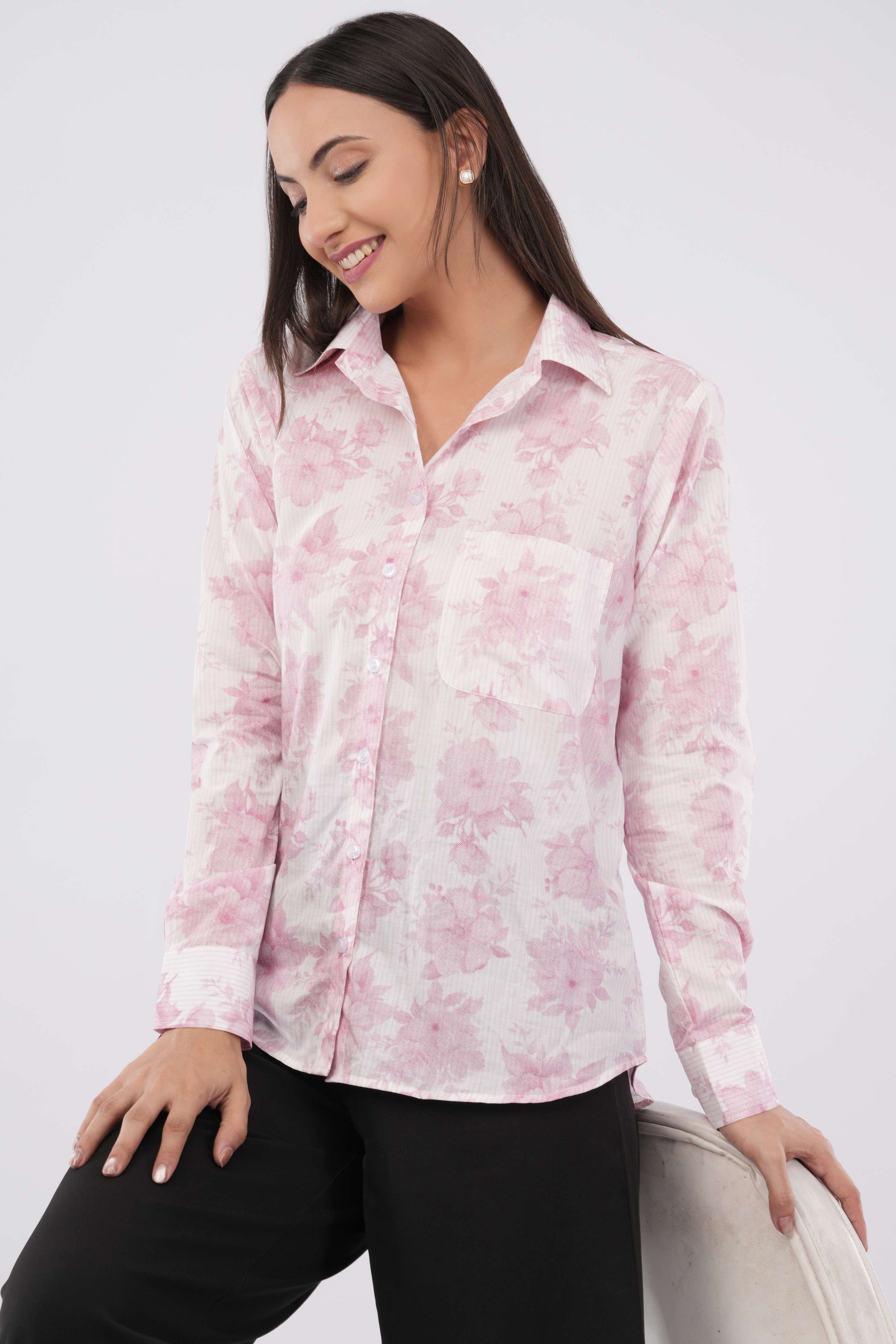 women wearing 100% cotton fine cotton blue foral print shirt with box at the back for superb comfort awesome for office and dinner and suitable for summer winter and all season available from S to 5XL under ₹1000