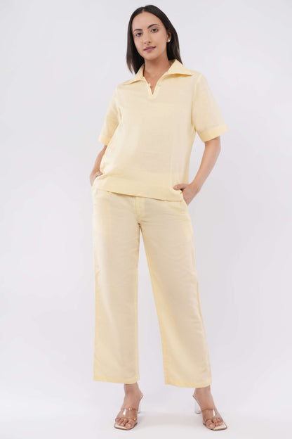 Women's Light Yellow Cotton Linen Co-ord Set