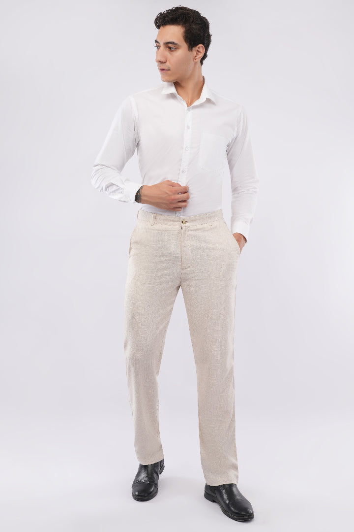 man wearing hazel linen blend pants in white background pants under ₹1700 suitable dir summer winter all season best paired with white shirt casual and formal office wear desk to dinner 28 to 48 waist sizing
