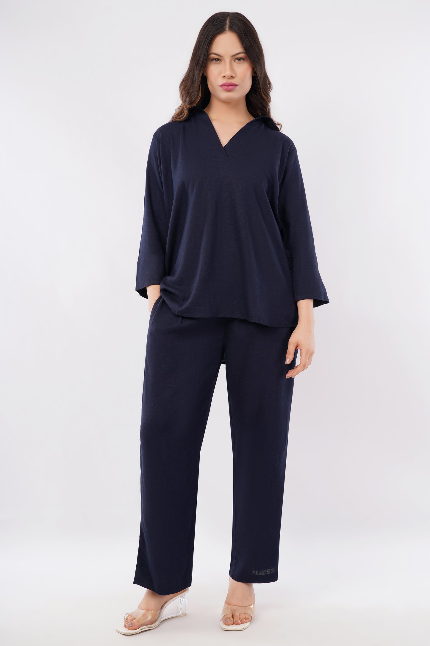 Women's linen blend V neck co-ord set — natural fabric workwear for women India — size inclusive S to 5XL — breathable summer outfit — Tofflane clothes worth keeping