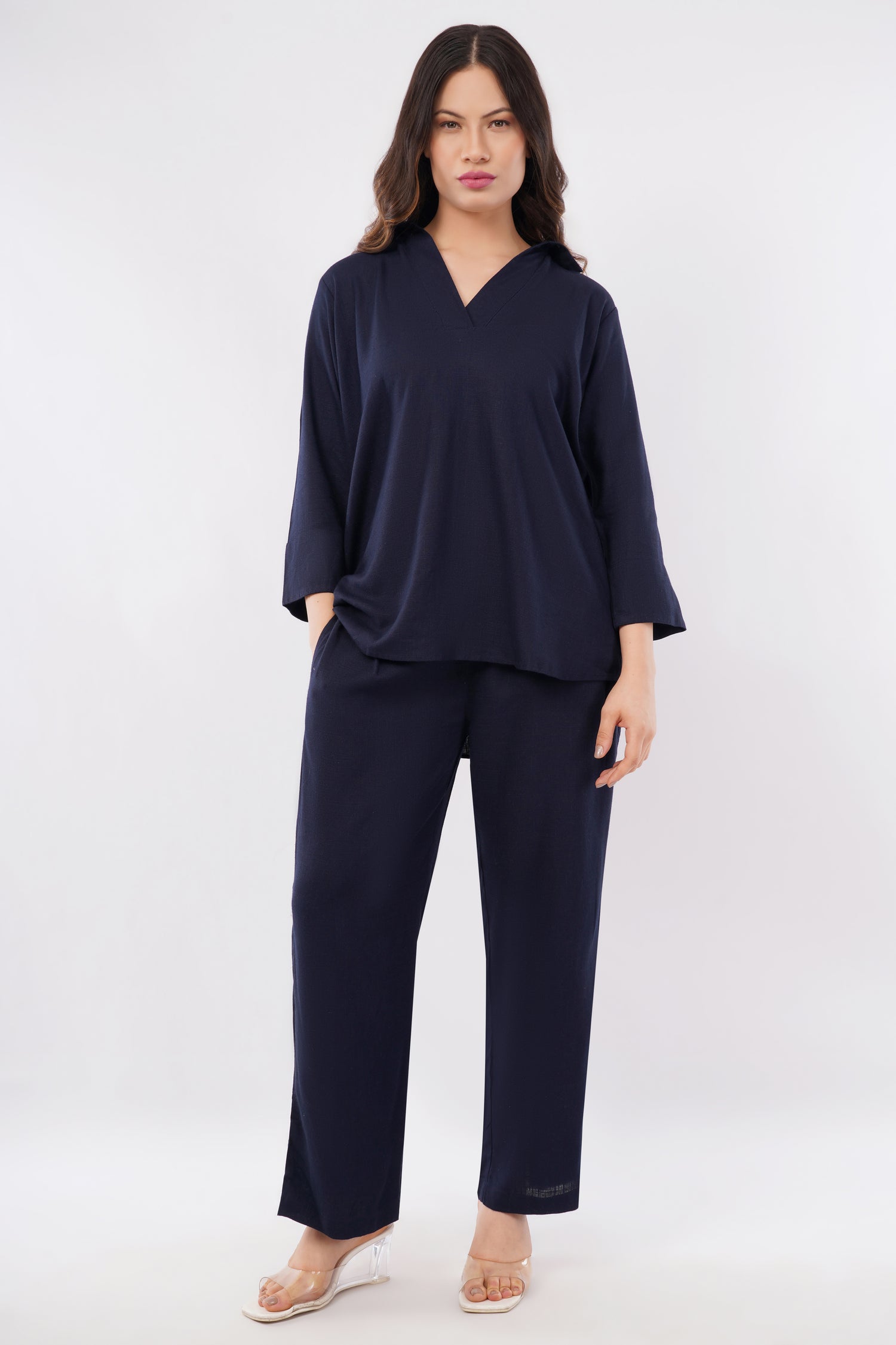 Women's linen blend V neck co-ord set — natural fabric workwear for women India — size inclusive S to 5XL — breathable summer outfit — Tofflane clothes worth keeping