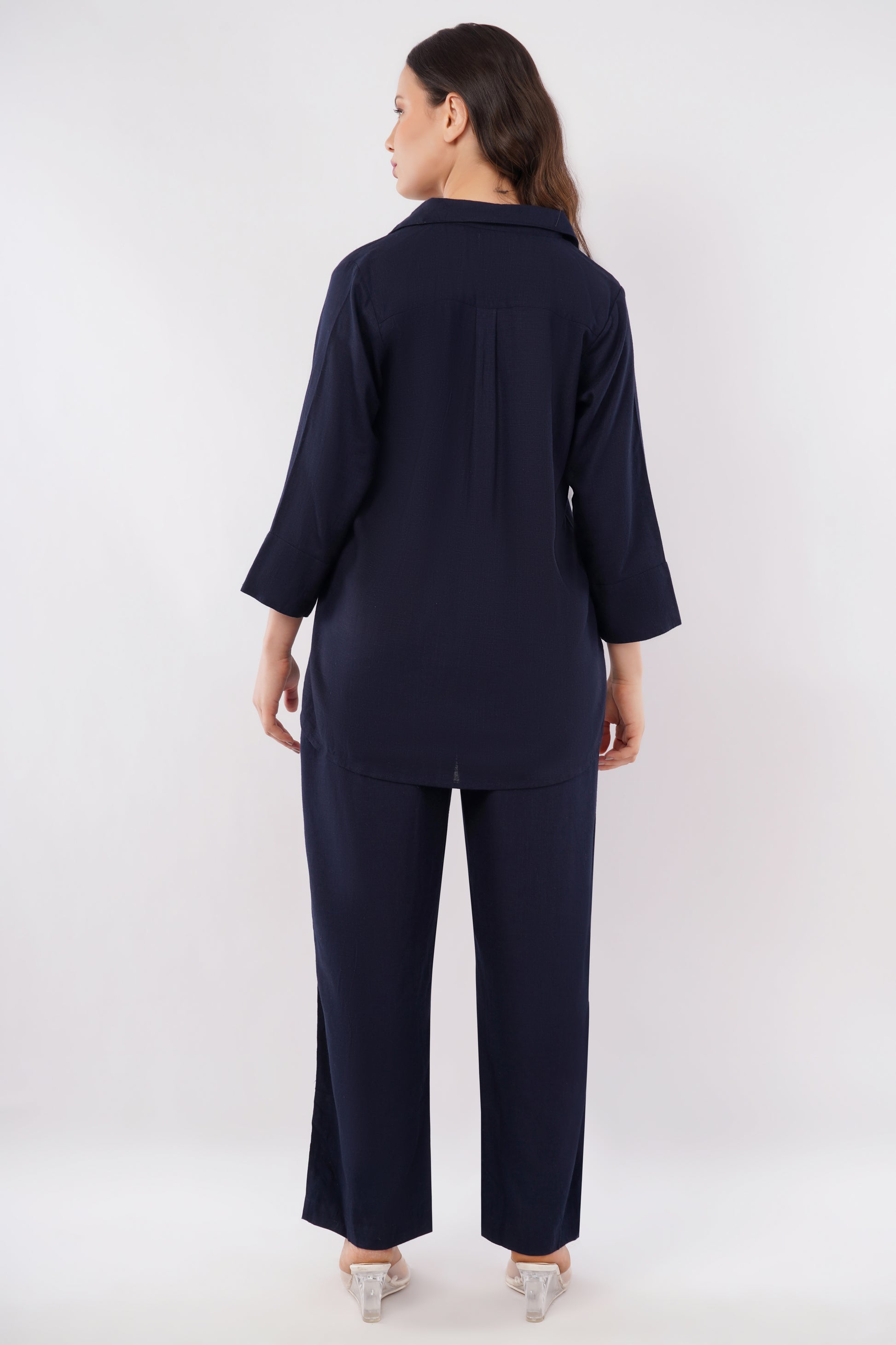 Women's V neck linen co-ord set front view — natural fabric women's workwear India — size inclusive coord sets — office wear smart casual — Tofflane India