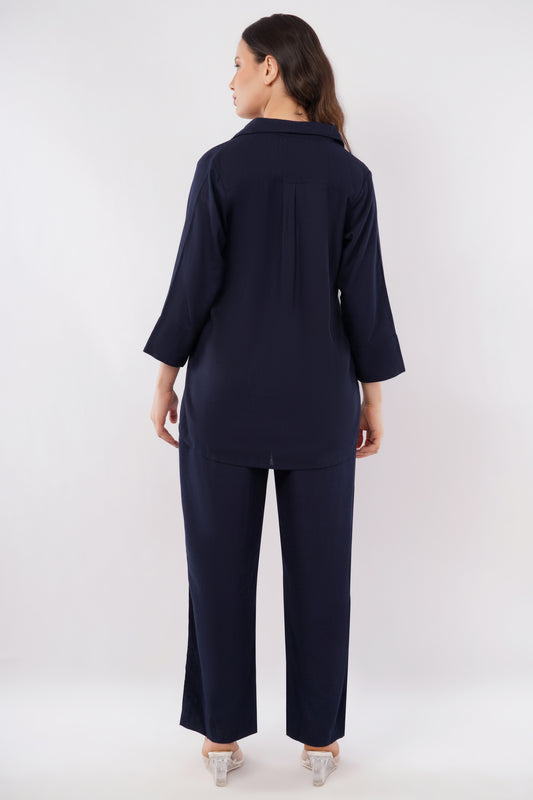 Women's V neck linen co-ord set front view — natural fabric women's workwear India — size inclusive coord sets — office wear smart casual — Tofflane India