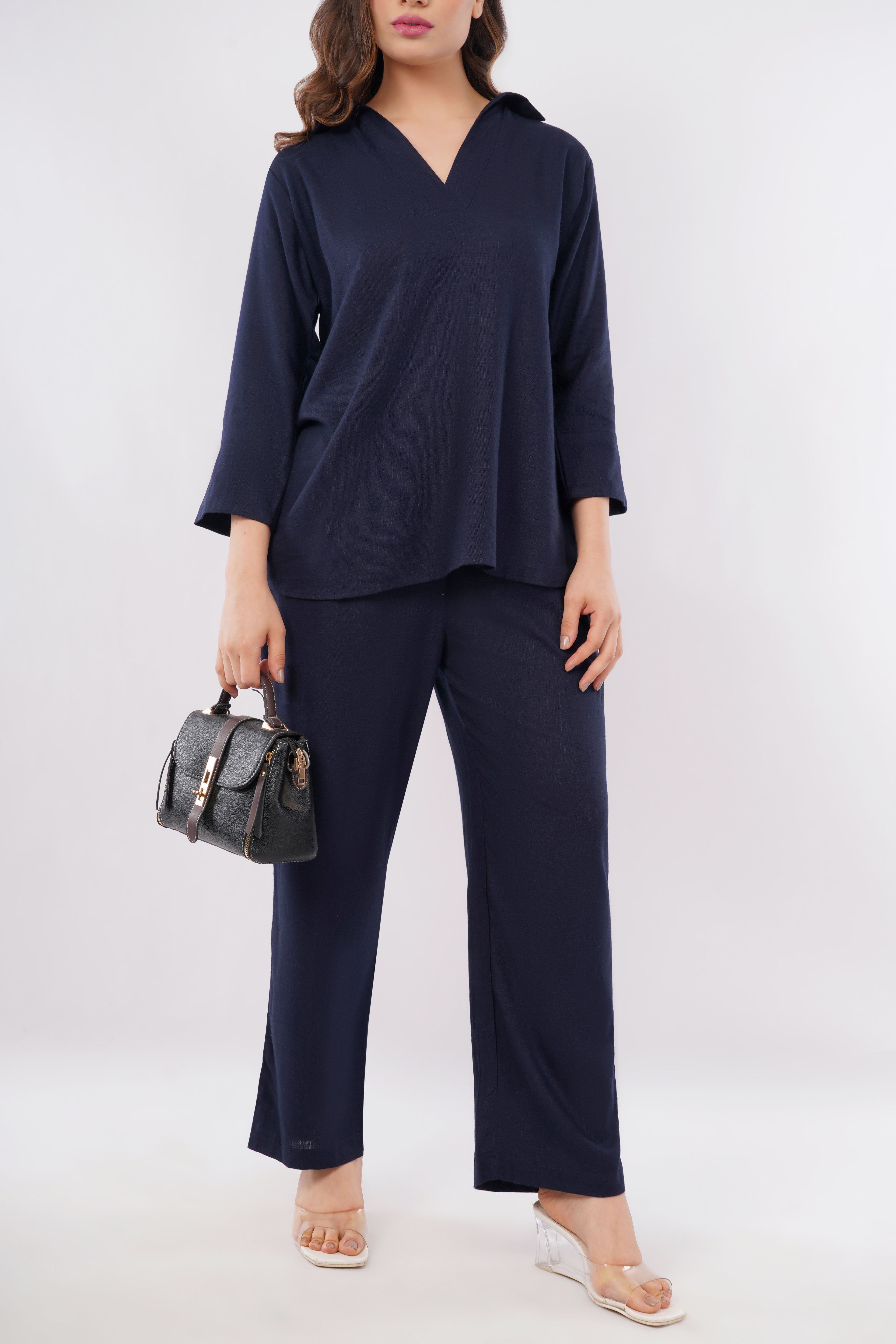 Women's Linen Blend V Neck Co-Ord Set