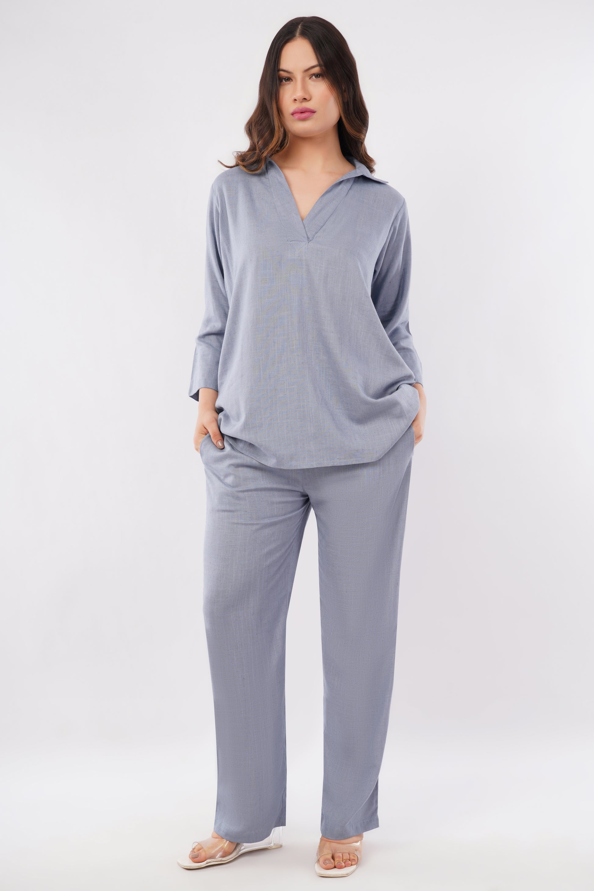 Women's linen coord set full length look — everyday workwear for Indian women — size inclusive natural fabric co-ord sets — Tofflane India - light grey purple dark blue navy blue 
