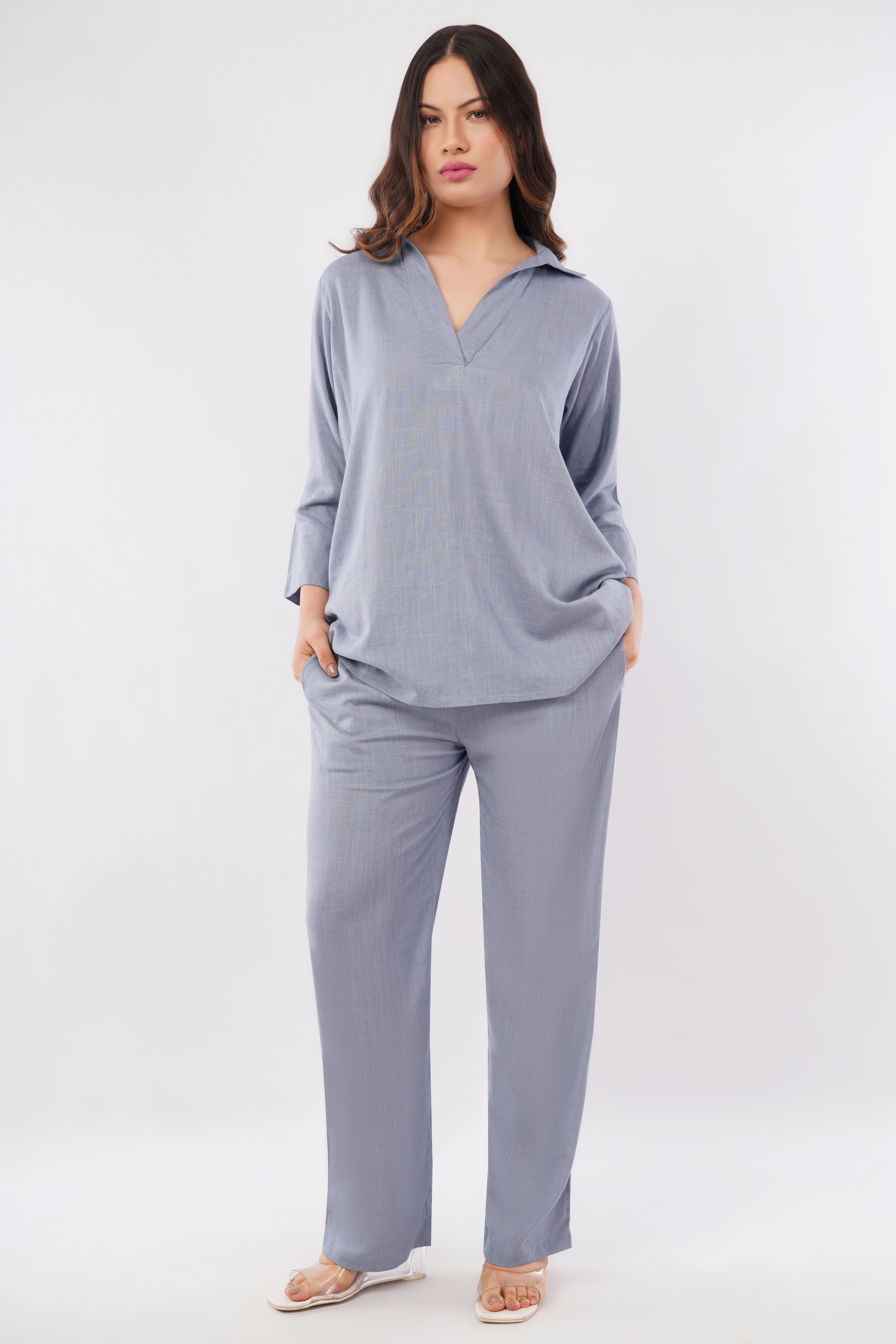 Women's Linen Blend V Neck Co-Ord Set