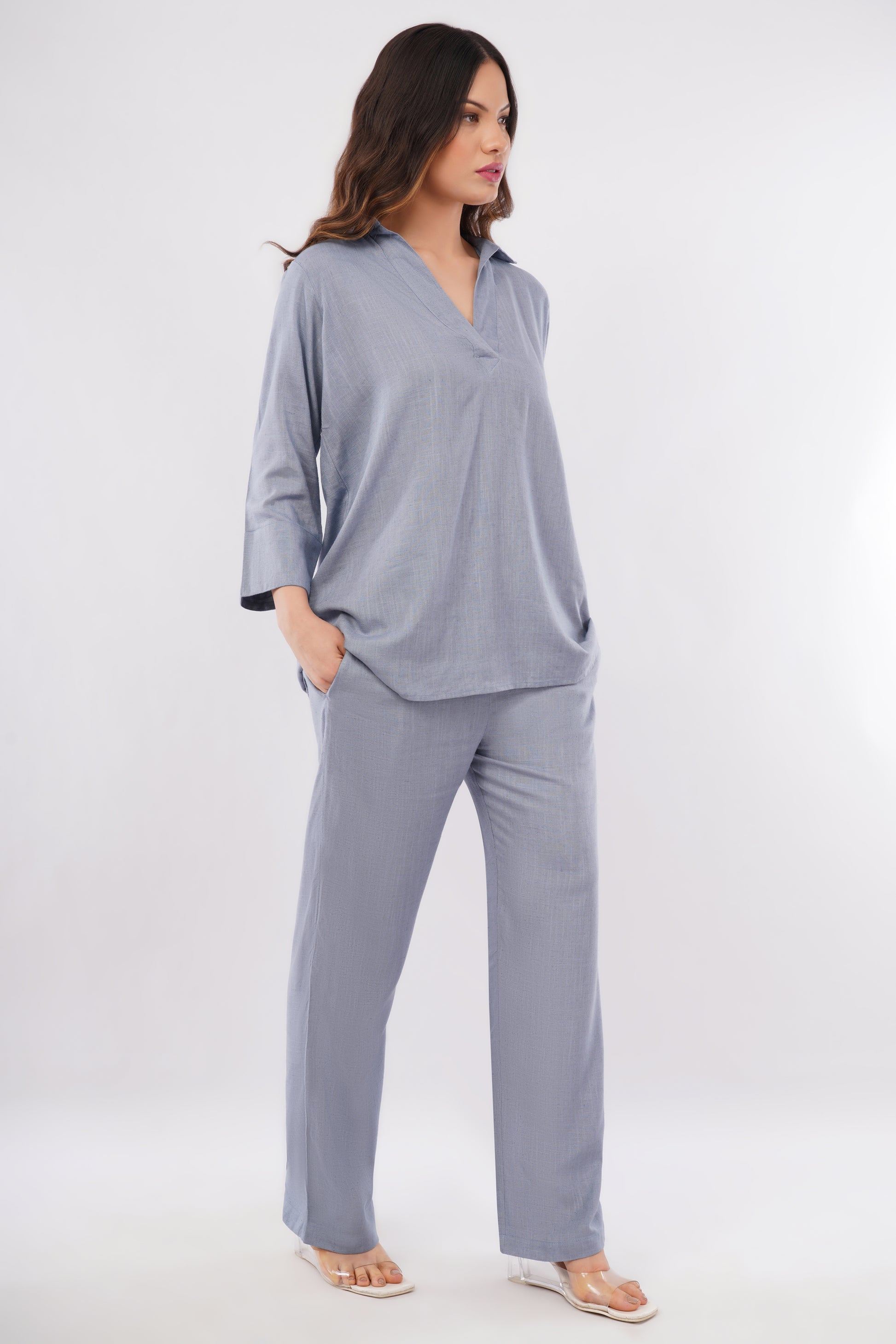 Women's V neck co-ord set fabric detail close up — breathable linen blend natural fabric — women's workwear India — size inclusive — Tofflane