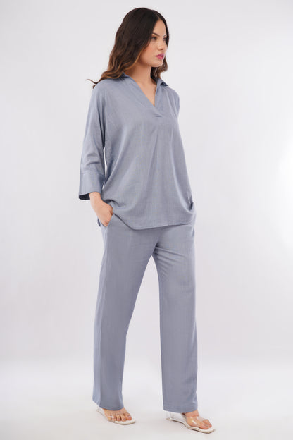 Women's V neck co-ord set fabric detail close up — breathable linen blend natural fabric — women's workwear India — size inclusive — Tofflane