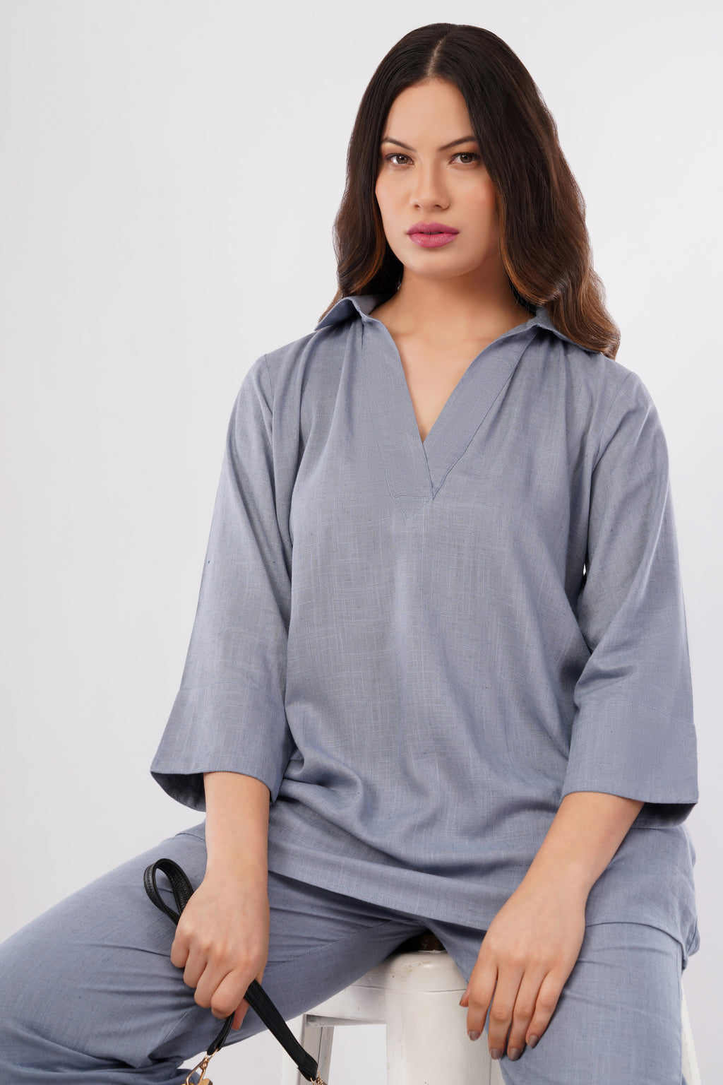 Women's Linen Blend V Neck Co-Ord Set