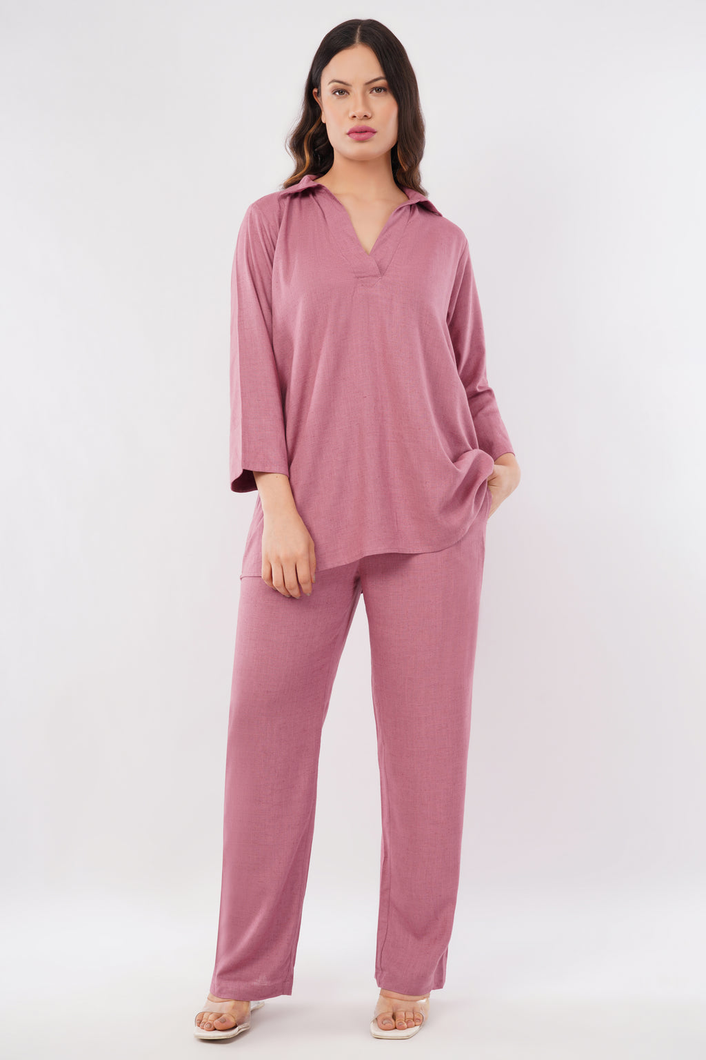 Women's Linen Blend V Neck Co-Ord Set