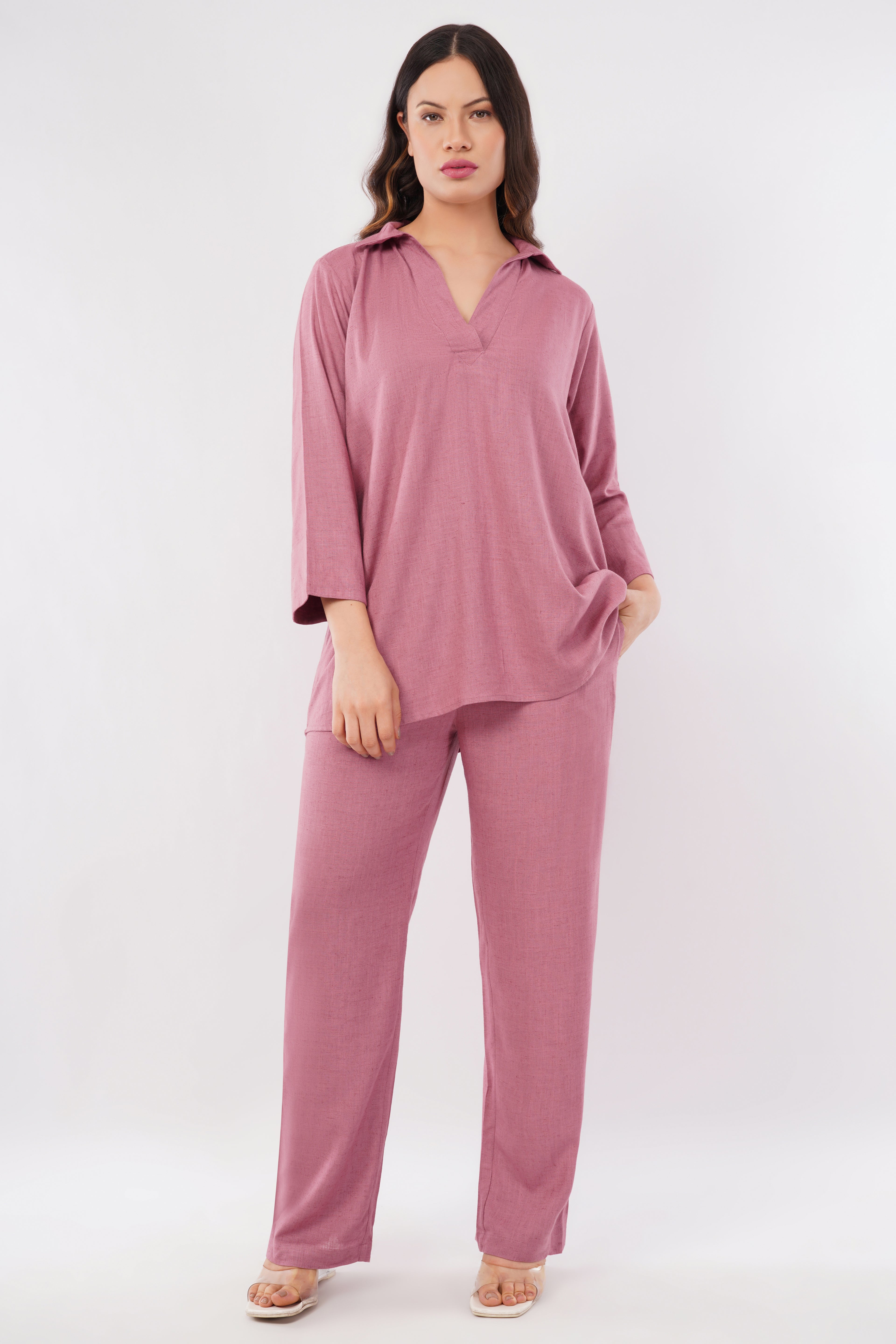 Women's Linen Blend V Neck Co-Ord Set