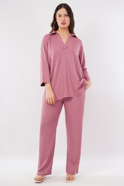Women's Linen Blend V Neck Co-Ord Set