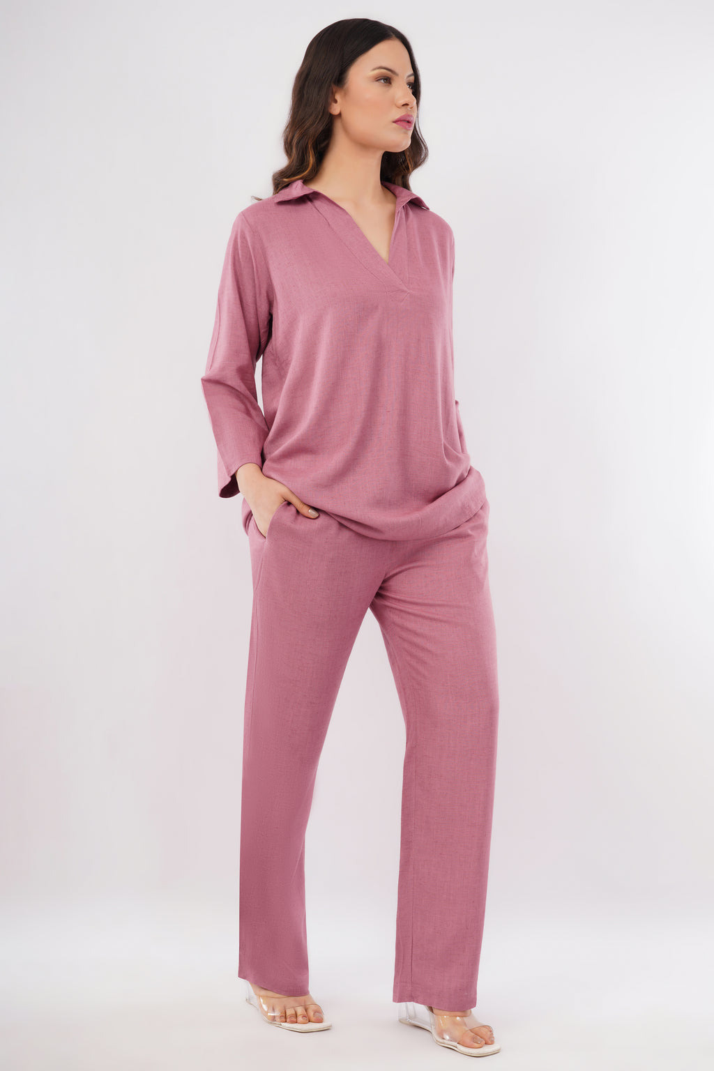 Women's Linen Blend V Neck Co-Ord Set