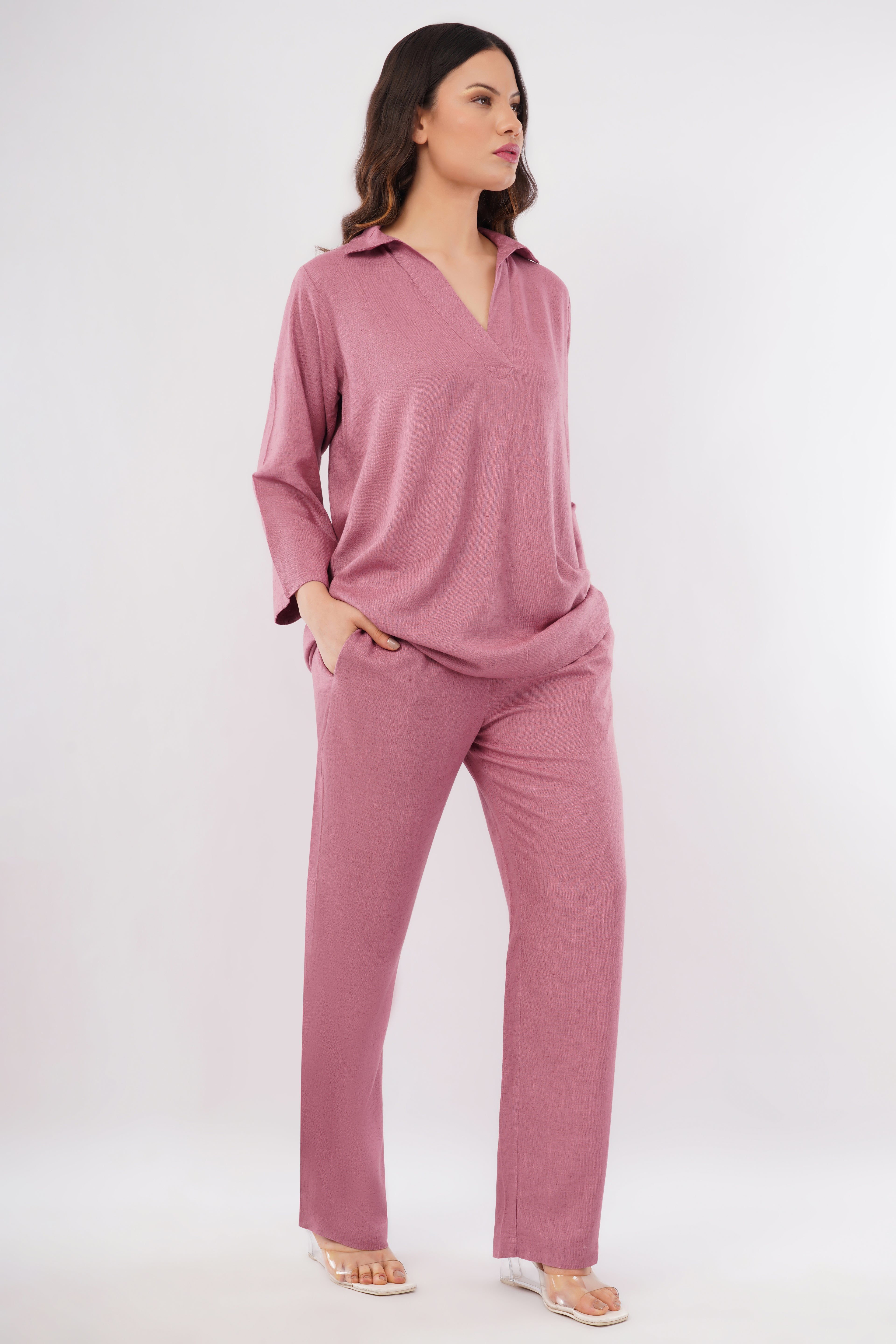 Women's Linen Blend V Neck Co-Ord Set