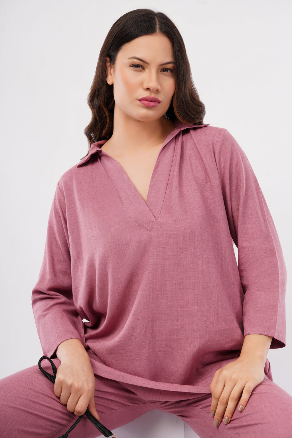 Women's Linen Blend V Neck Co-Ord Set