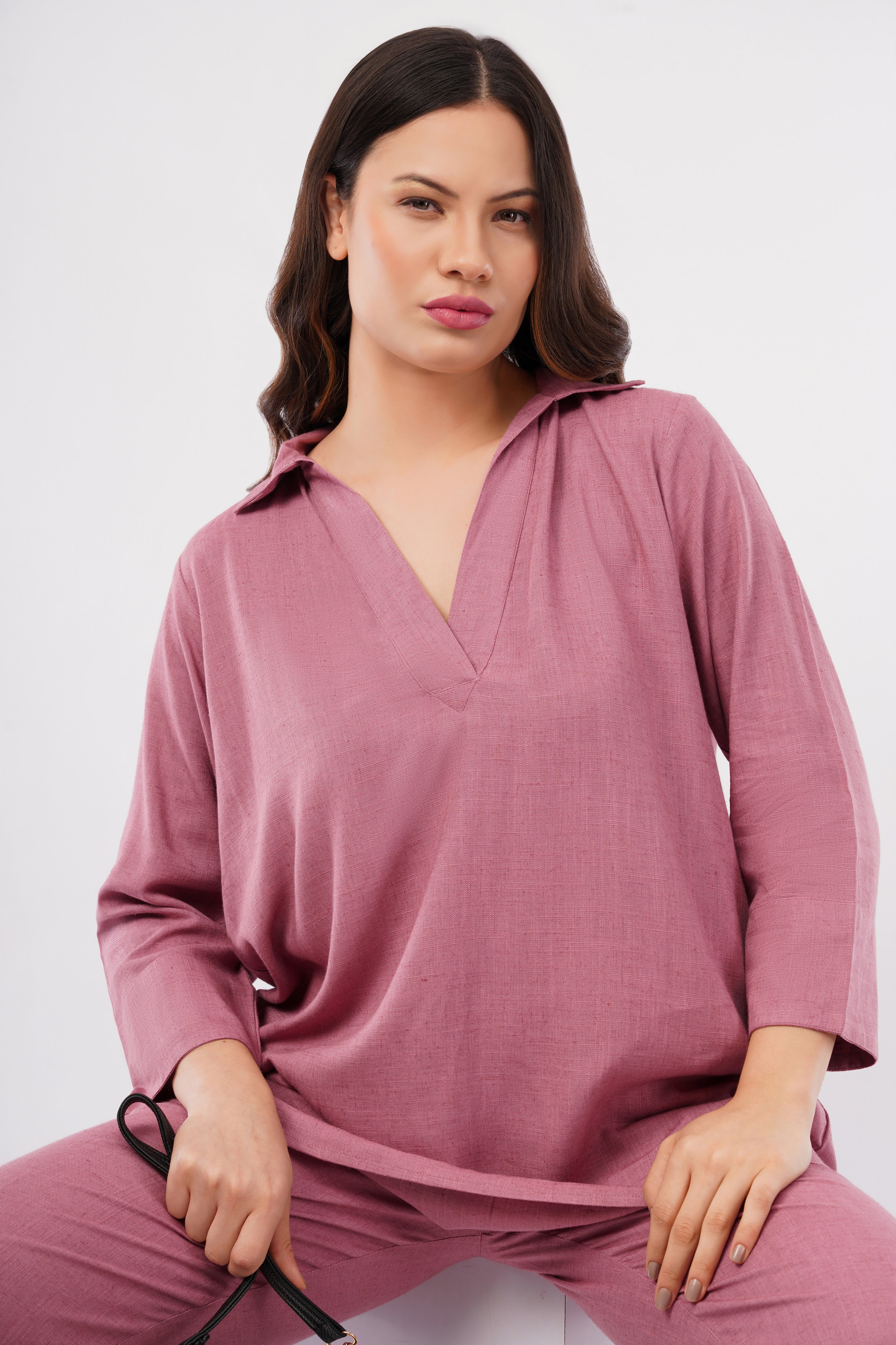 Women's Linen Blend V Neck Co-Ord Set