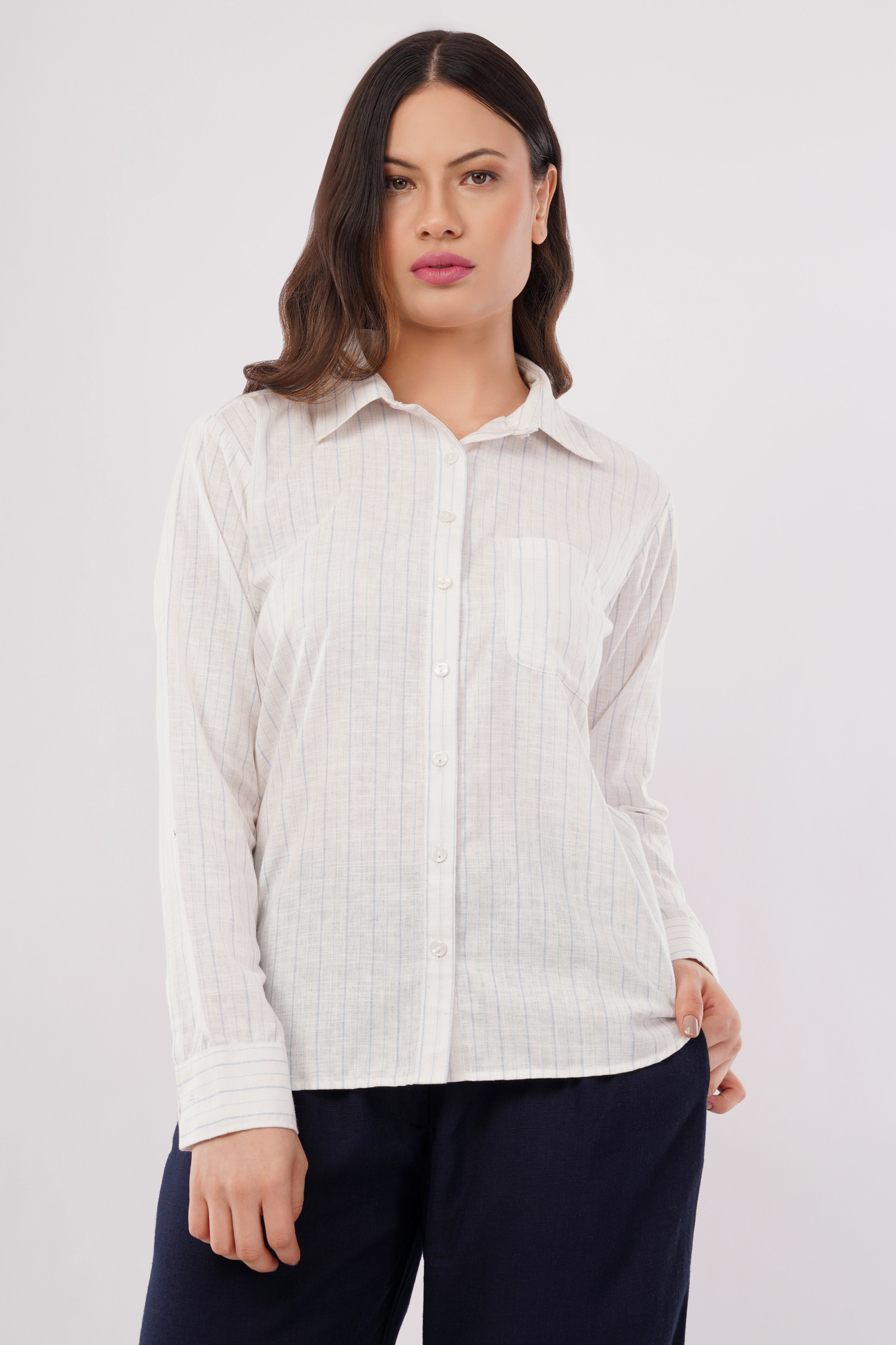 Women’s White Striped Cotton-Linen Shirt