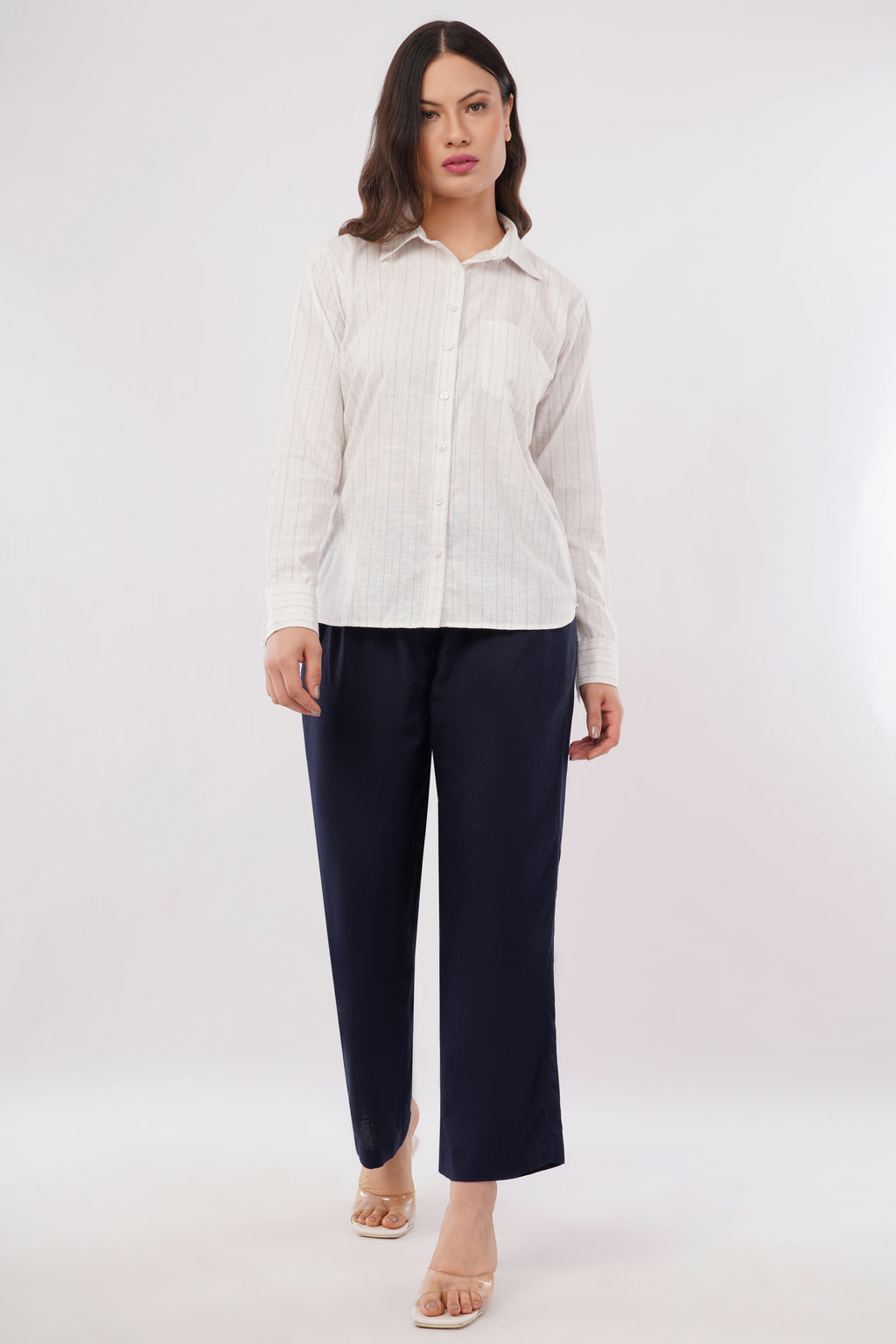 Women’s White Striped Cotton-Linen Shirt