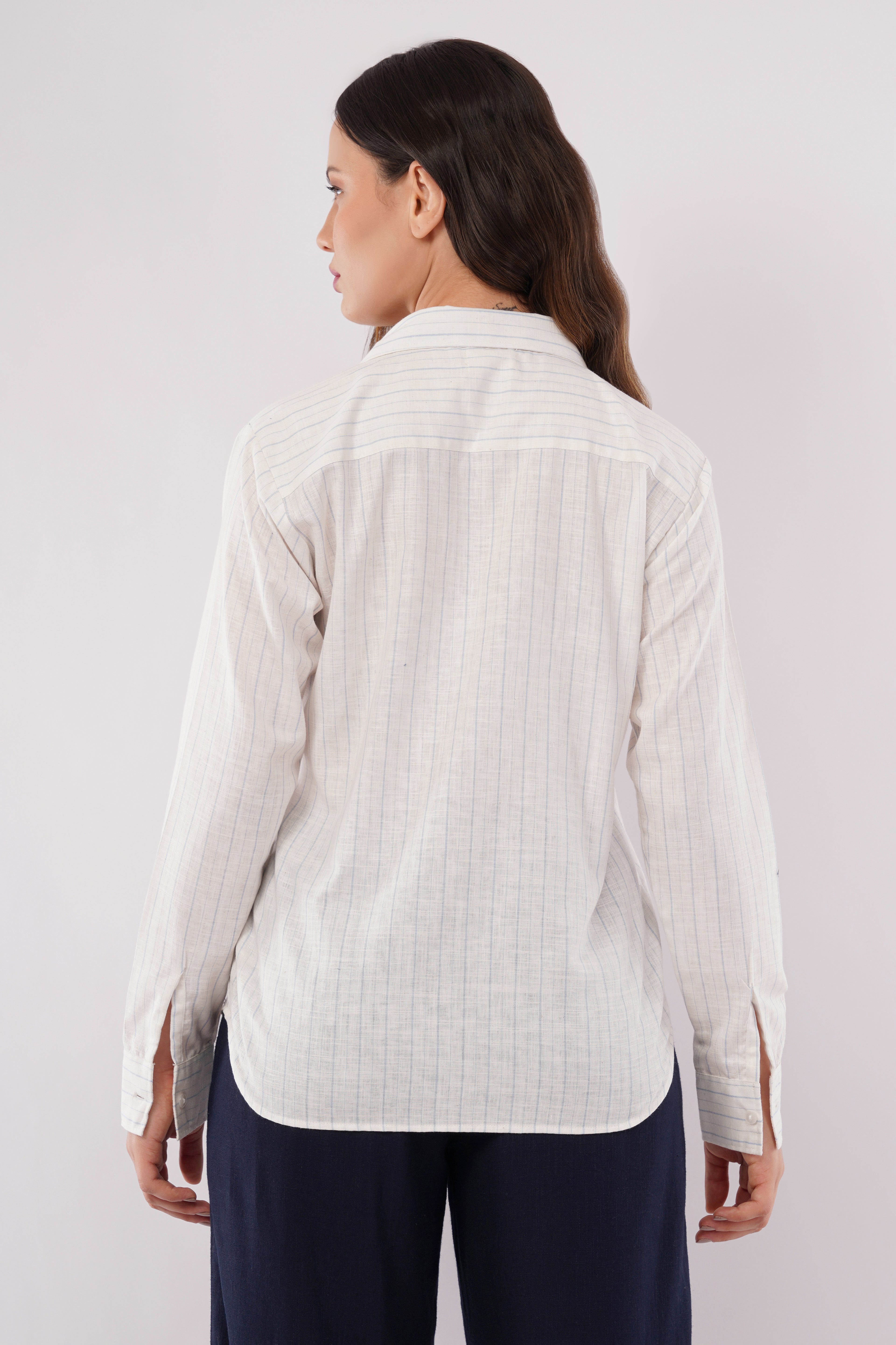Women’s White Striped Cotton-Linen Shirt