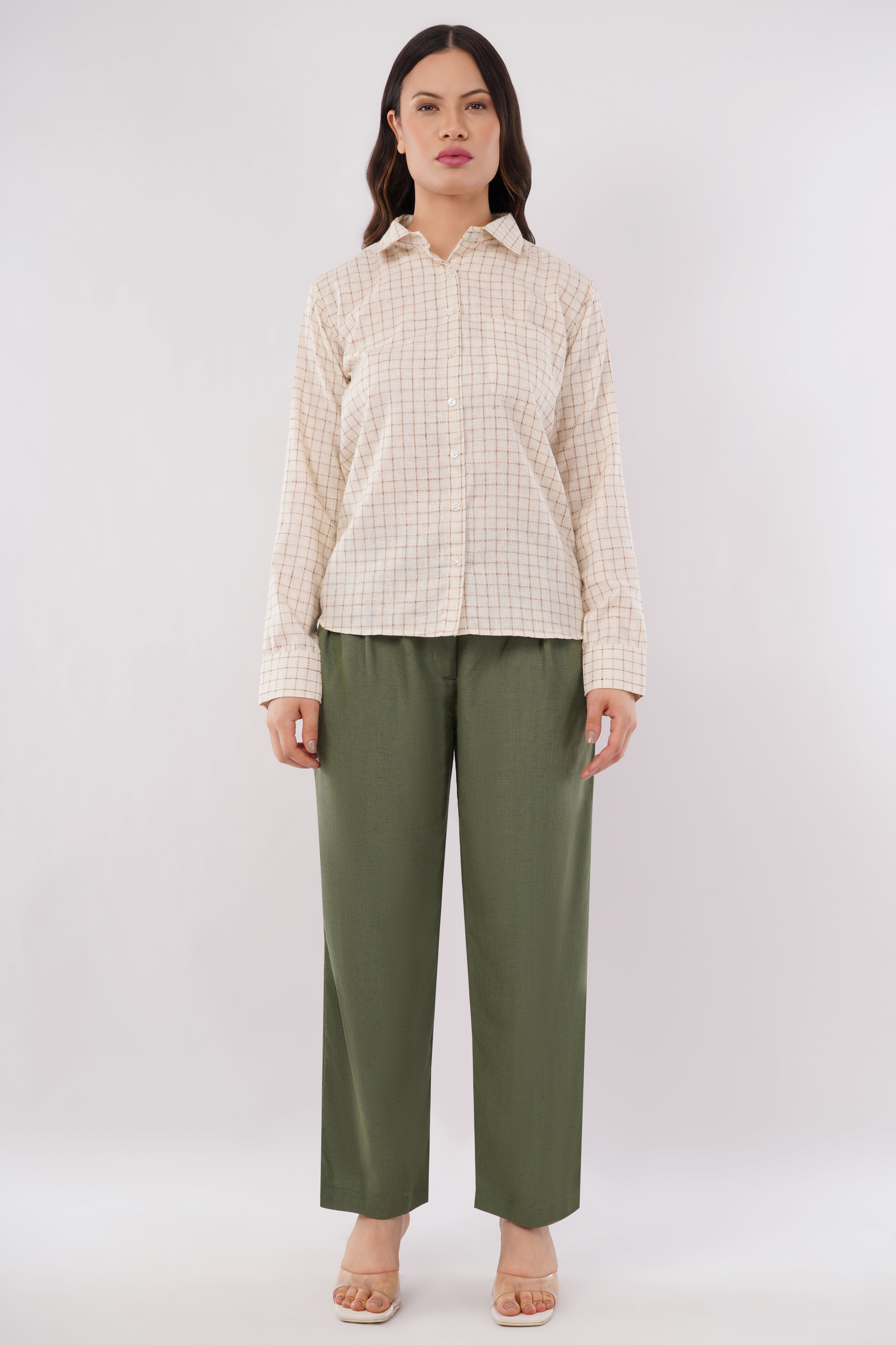 Women’s Beige Checkered Cotton Blend Shirt