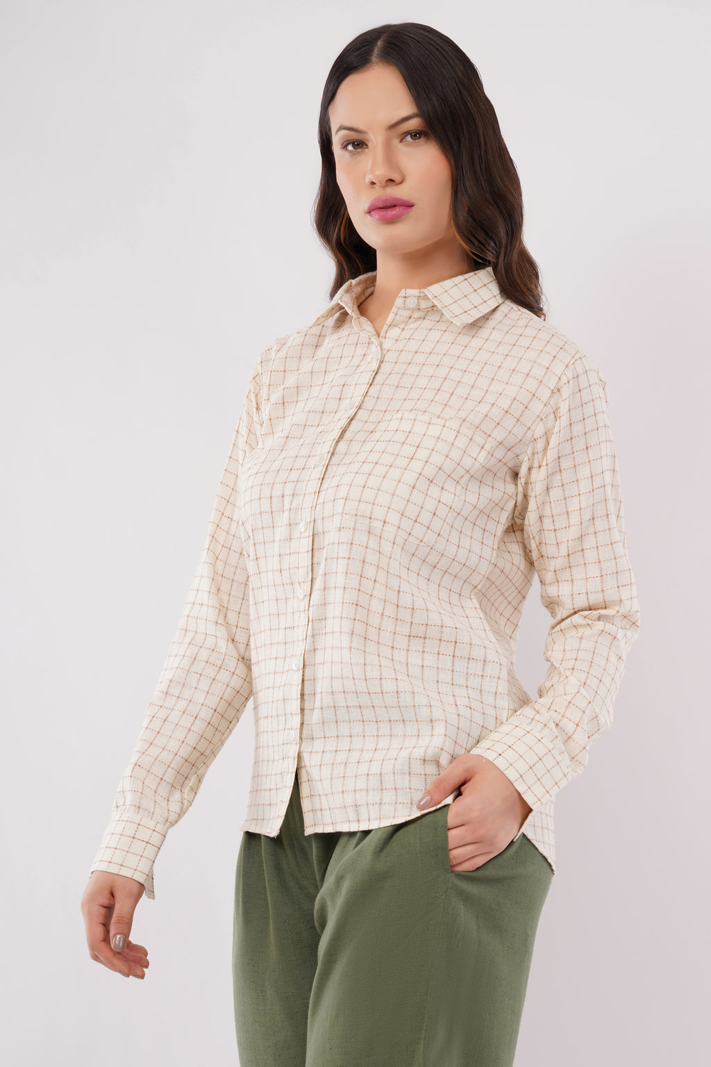 Women’s Beige Checkered Cotton Blend Shirt
