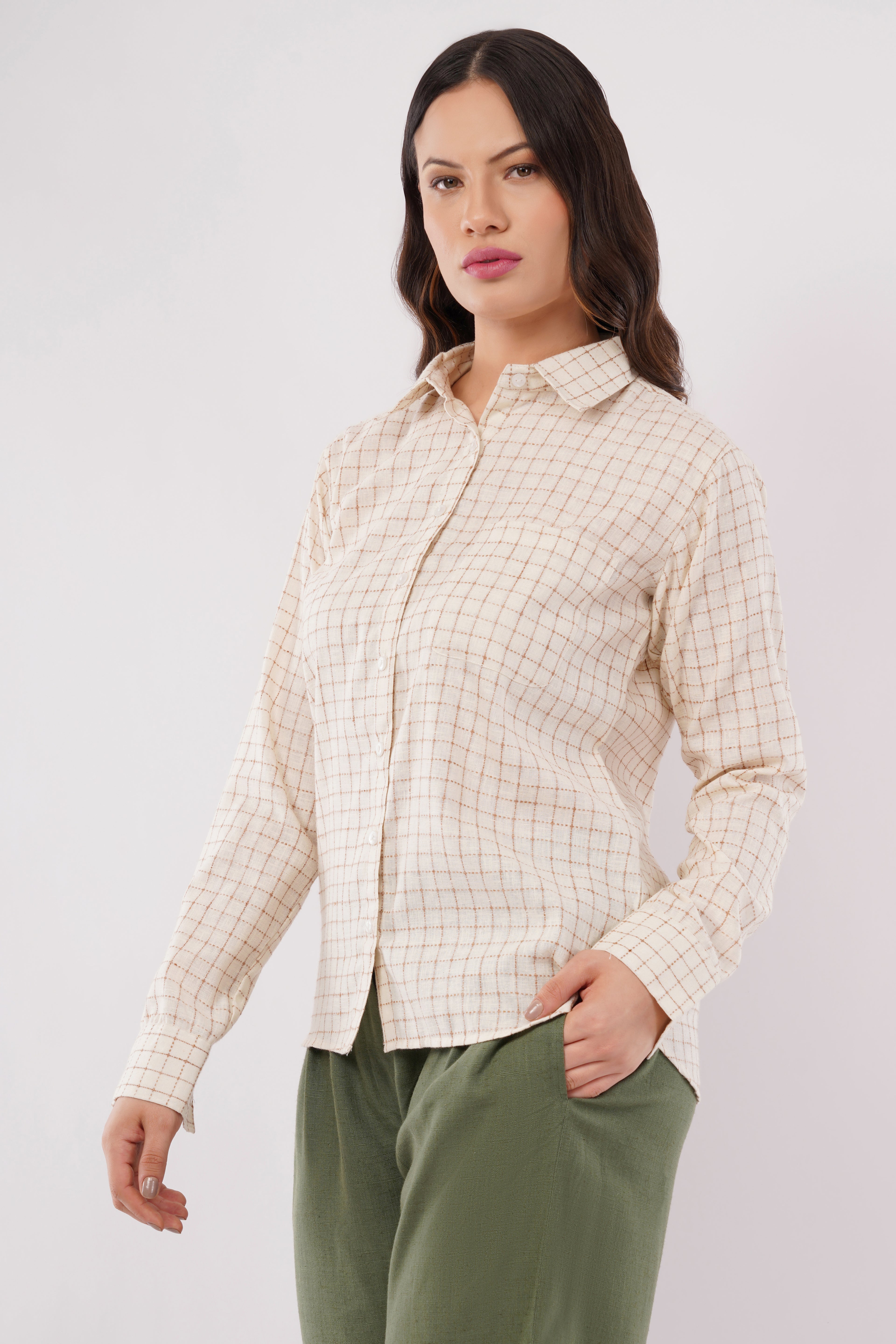 Women’s Beige Checkered Cotton Blend Shirt