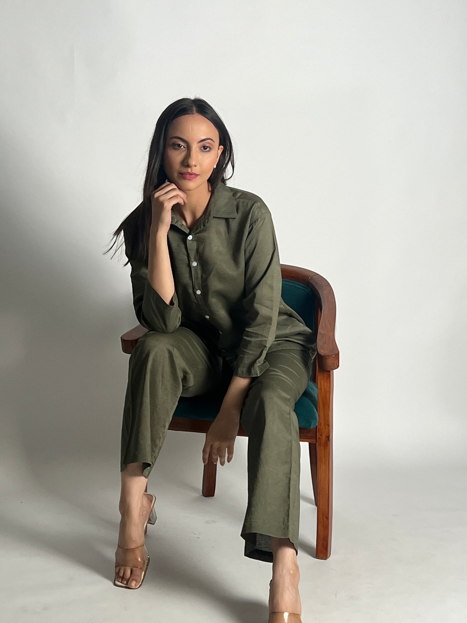 women wearing olive tencil linen co ord set that is breathable soft and made for indian summer for everyday wear workwear party casual office 