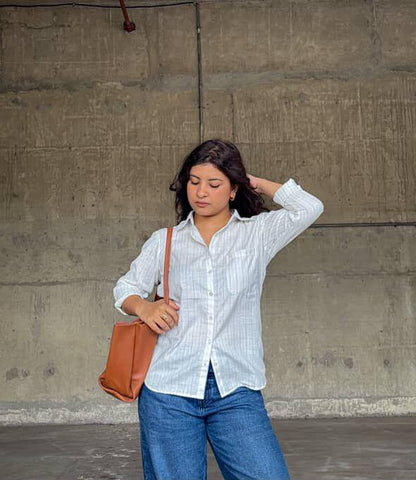 Women's White Striped Cotton-Blend Shirt