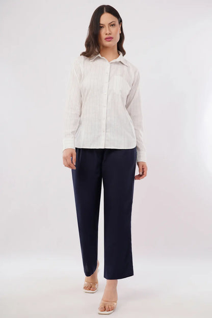 Women's White Striped Cotton-Blend Shirt