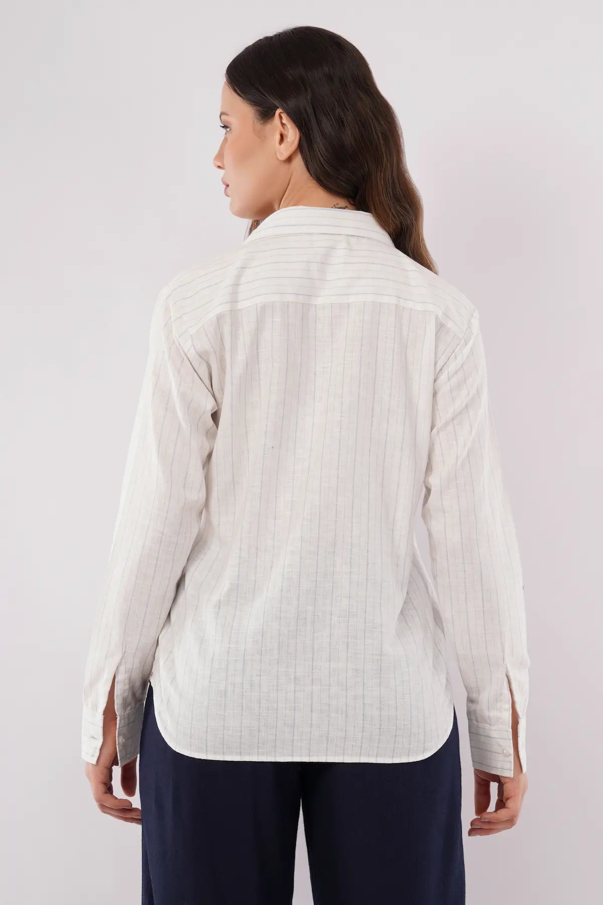 Women's White Striped Cotton-Blend Shirt