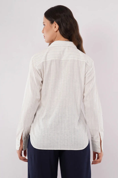 Women's White Striped Cotton-Blend Shirt